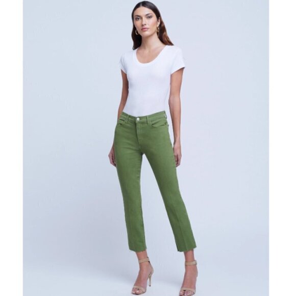 L'AGENCE 'Sada' Cropped Straight Leg Jeans, Cactus Green - Picture 1 of 3